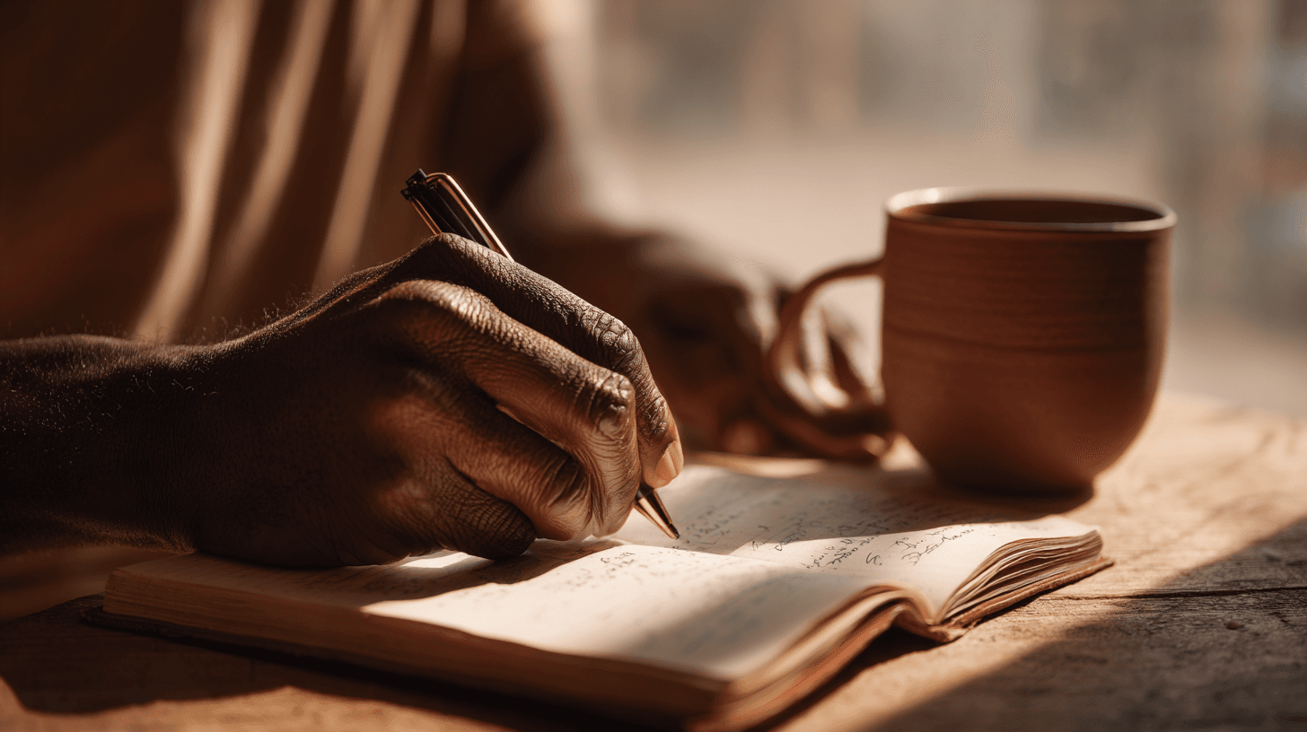 Clasped hands around a warm mug